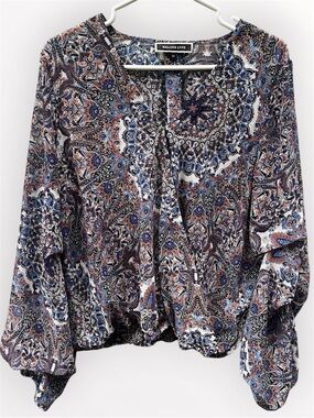 Melanie Lyne Blue Multicolor Paisley Faux-Wrap Blouse - Size 10